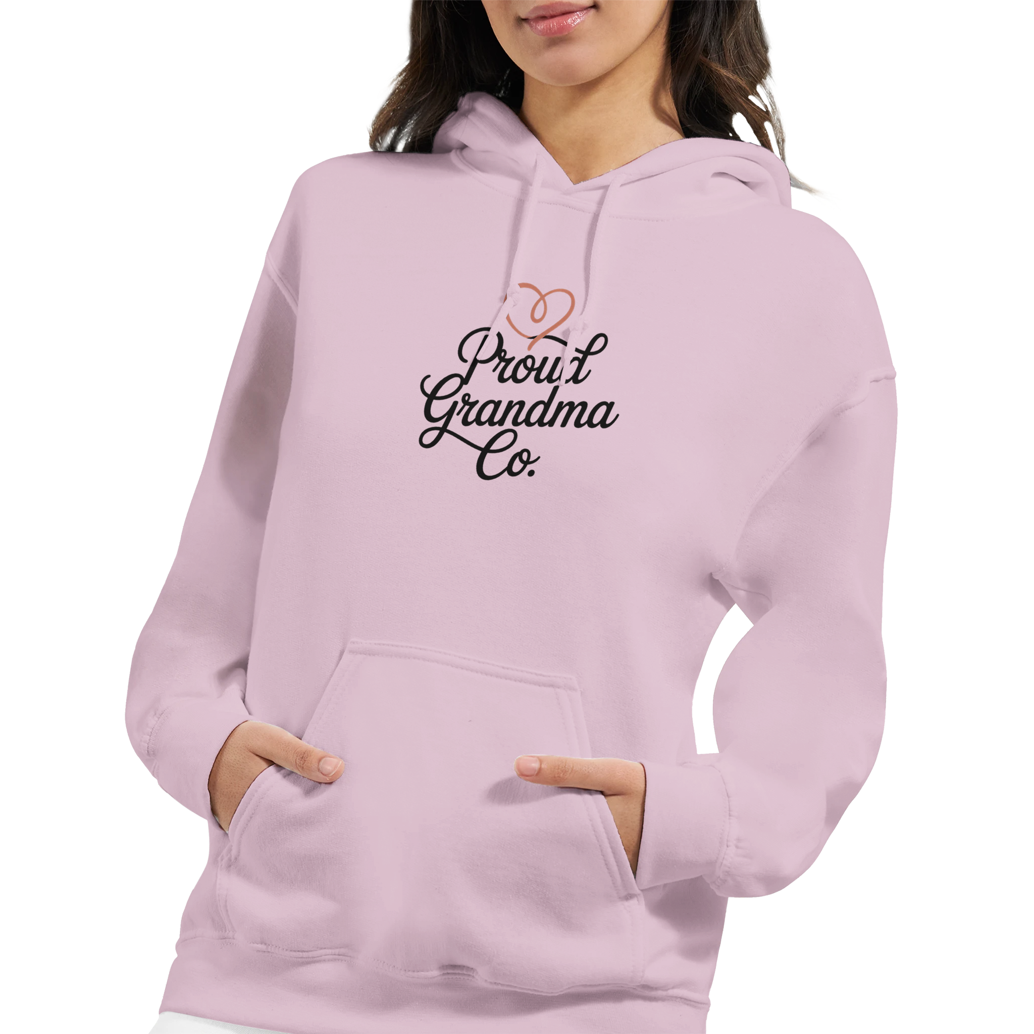 Pink hoodie featuring Proud Grandma Co. design, perfect for cozy comfort for proud grandmas wearing grandma hoodies.