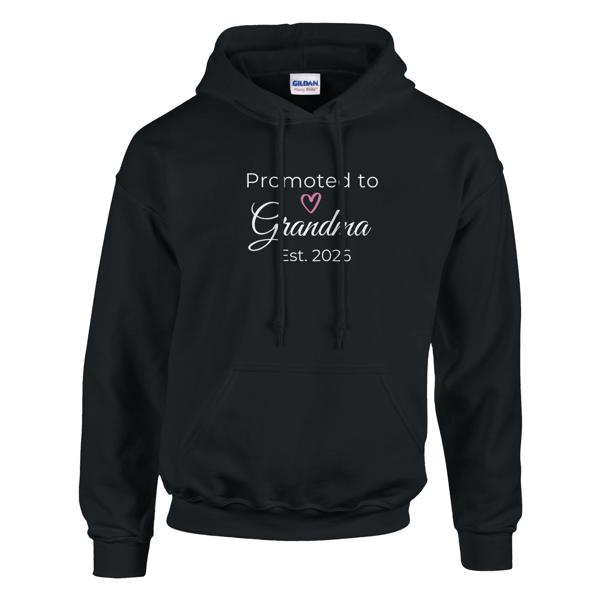 Promoted to Grandma Est. 2026 Hoodie in classic black with “Promoted to Grandma” text, heart icon, and “Est. 2026” design printed on the front
