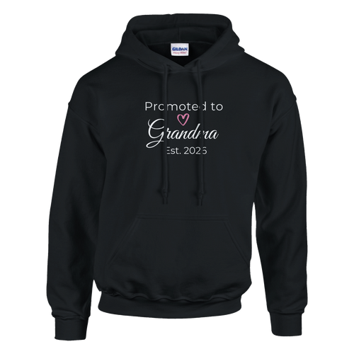 Promoted to Grandma Est. 2026 Hoodie in classic black with “Promoted to Grandma” text, heart icon, and “Est. 2026” design printed on the front