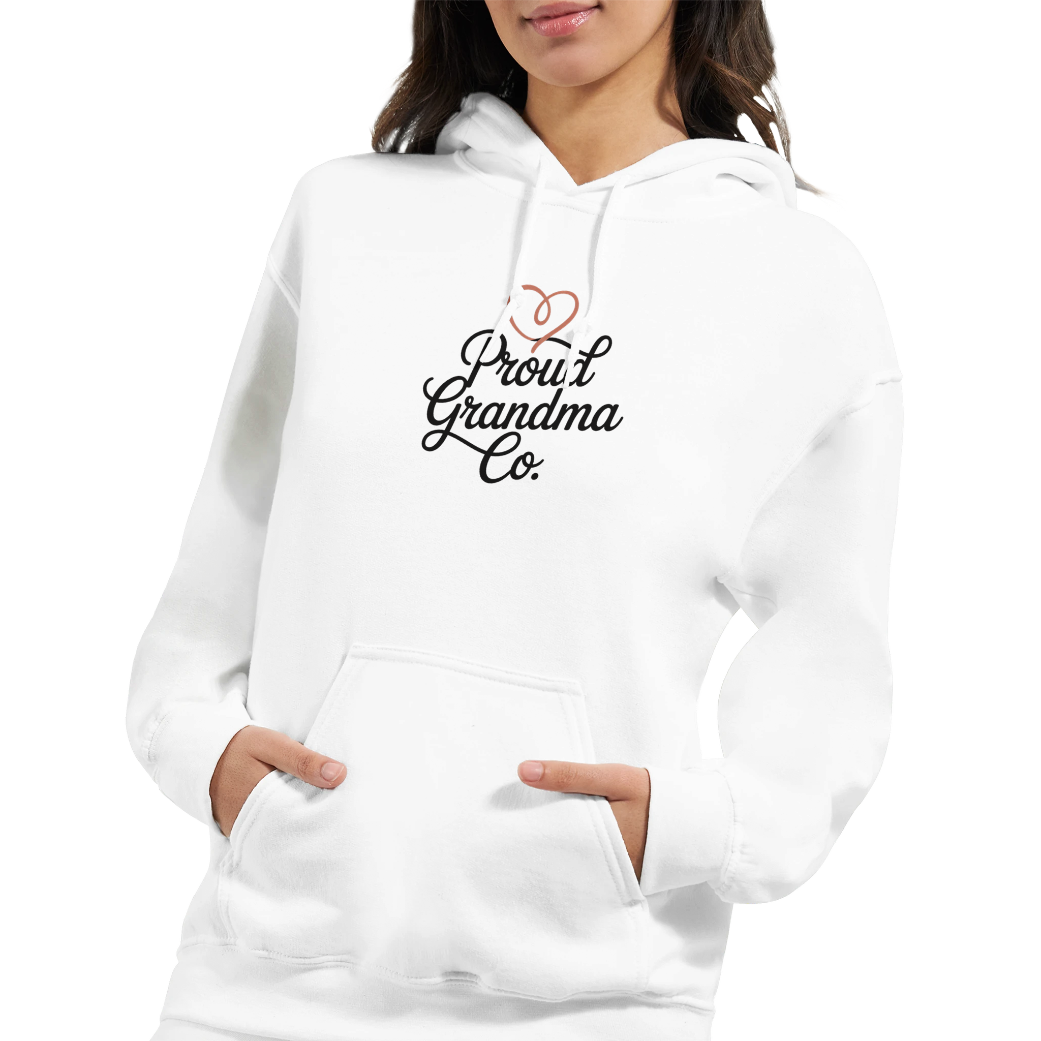 Proud Grandma Hoodie in soft white with “Proud Grandma” text design printed on the front