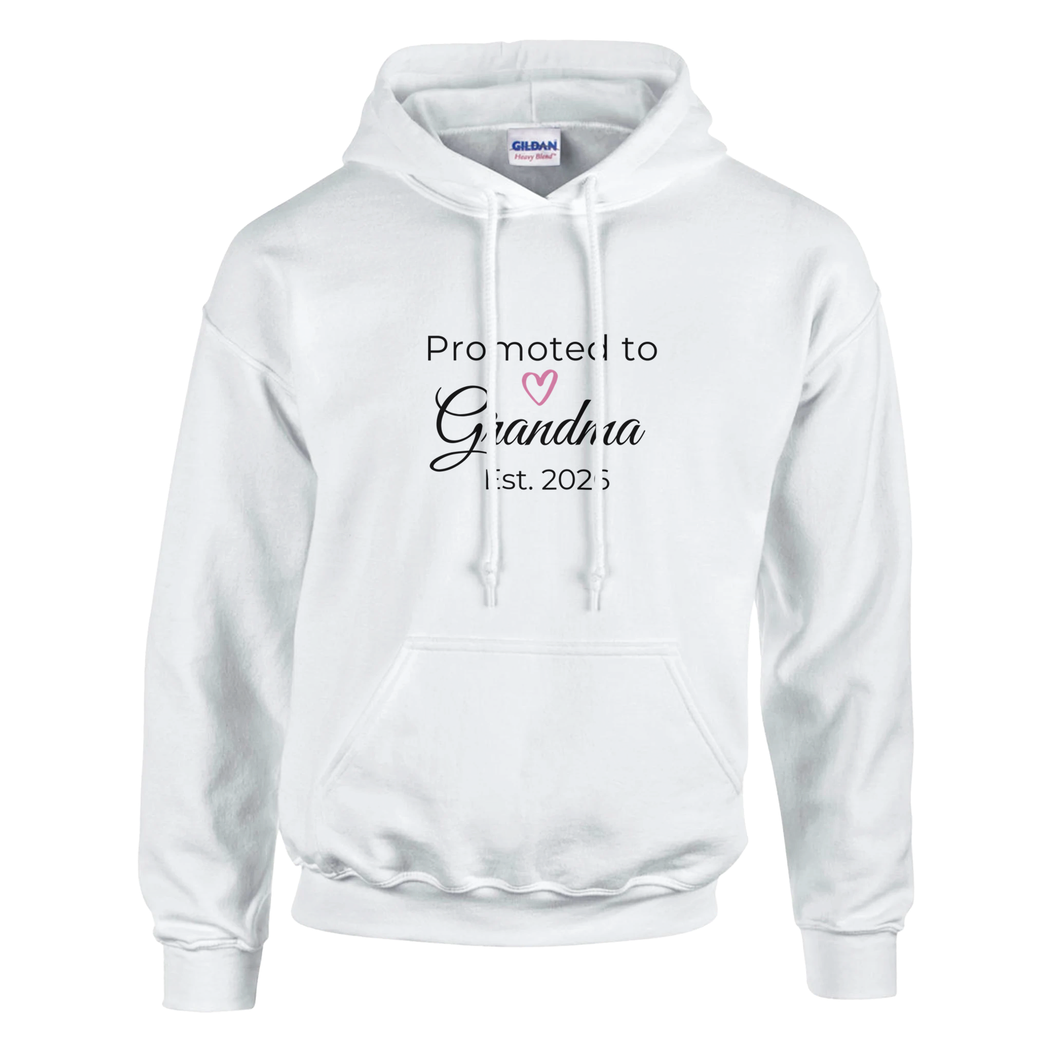 Promoted to Grandma Est. 2026 Hoodie in soft white with “Promoted to Grandma” text, heart icon, and “Est. 2026” design on the front