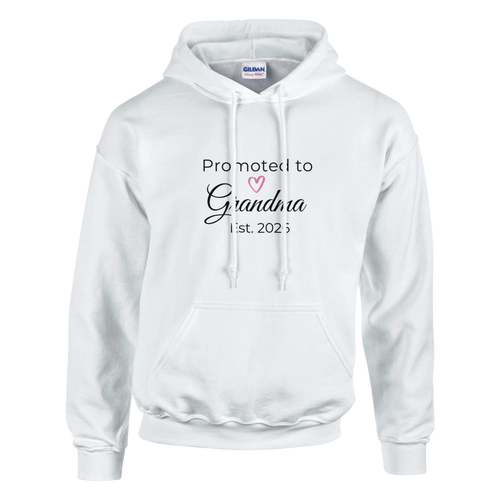 Promoted to Grandma Est. 2026 Hoodie in soft white with “Promoted to Grandma” text, heart icon, and “Est. 2026” design on the front