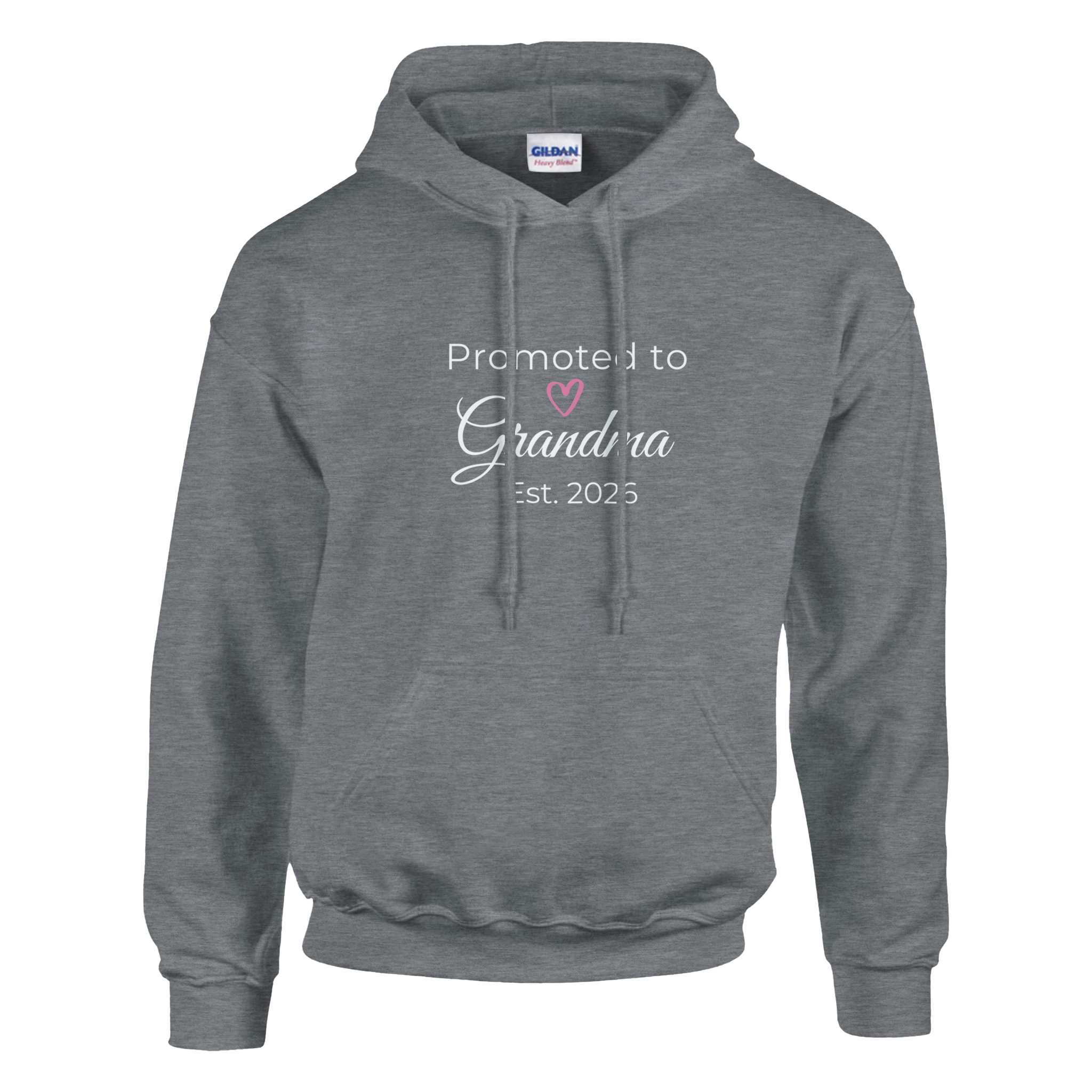 Promoted to Grandma Est. 2026 Hoodie in heather gray with “Promoted to Grandma” script, heart graphic, and “Est. 2026” text printed on the front