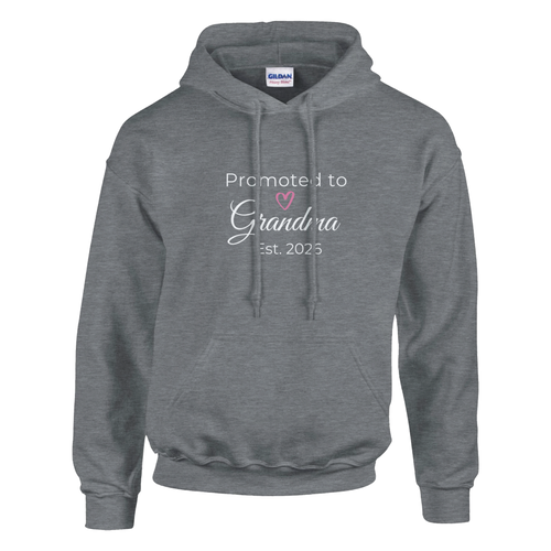 Promoted to Grandma Est. 2026 Hoodie in heather gray with “Promoted to Grandma” script, heart graphic, and “Est. 2026” text printed on the front
