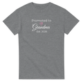 Promoted to Grandma Est. 2026 T-Shirt in heather gray with white “Promoted to Grandma” script, pink heart, and “Est. 2026” text