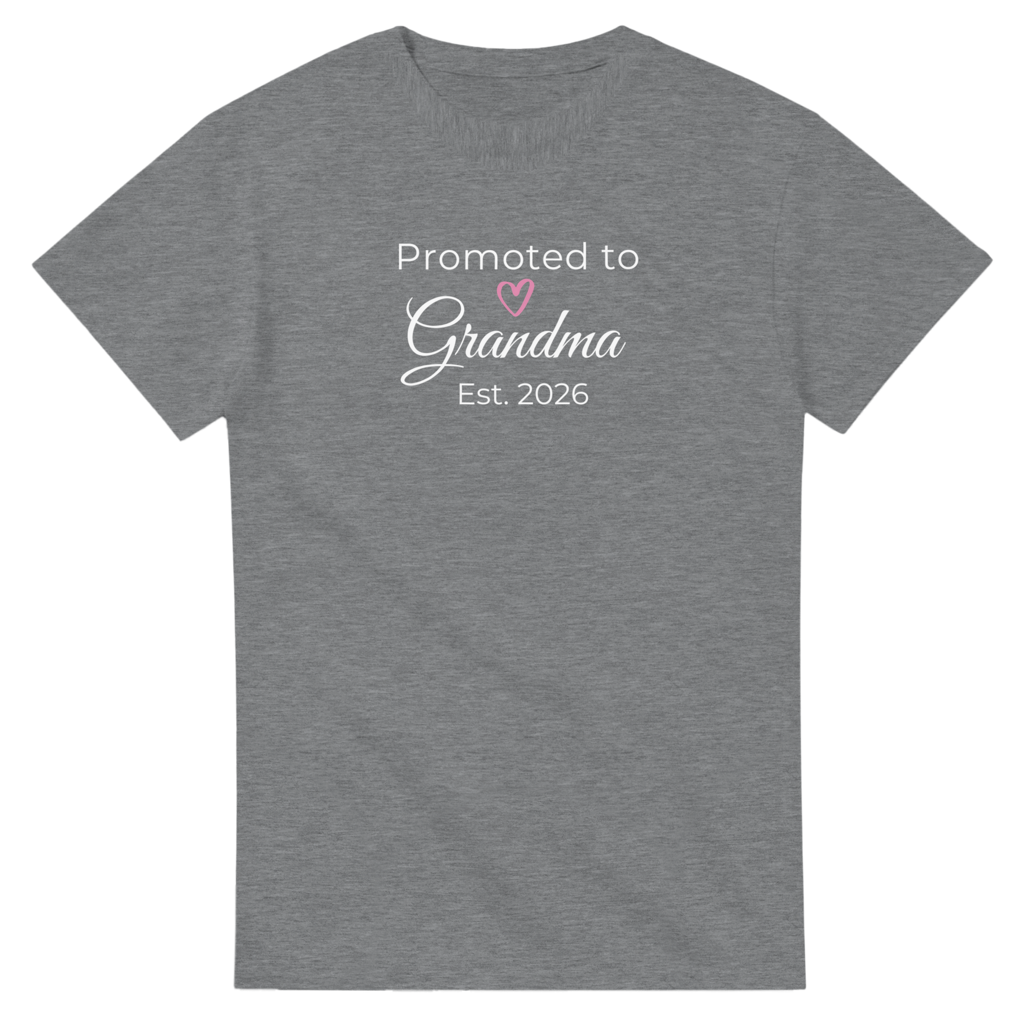 Promoted to Grandma Est. 2026 T-Shirt in heather gray with white “Promoted to Grandma” script, pink heart, and “Est. 2026” text