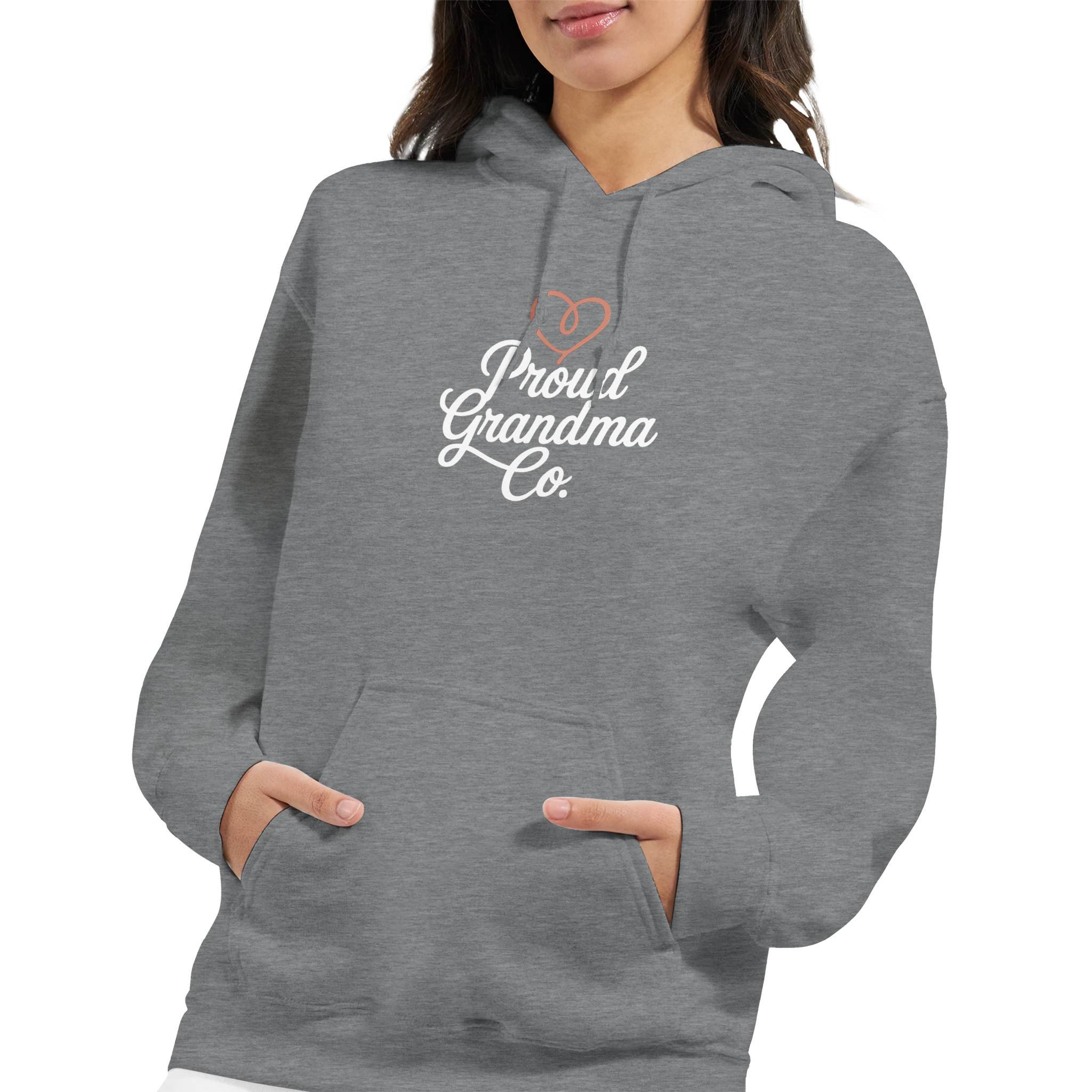 Proud Grandma Hoodie in heather grey with “Proud Grandma” text design printed on the front