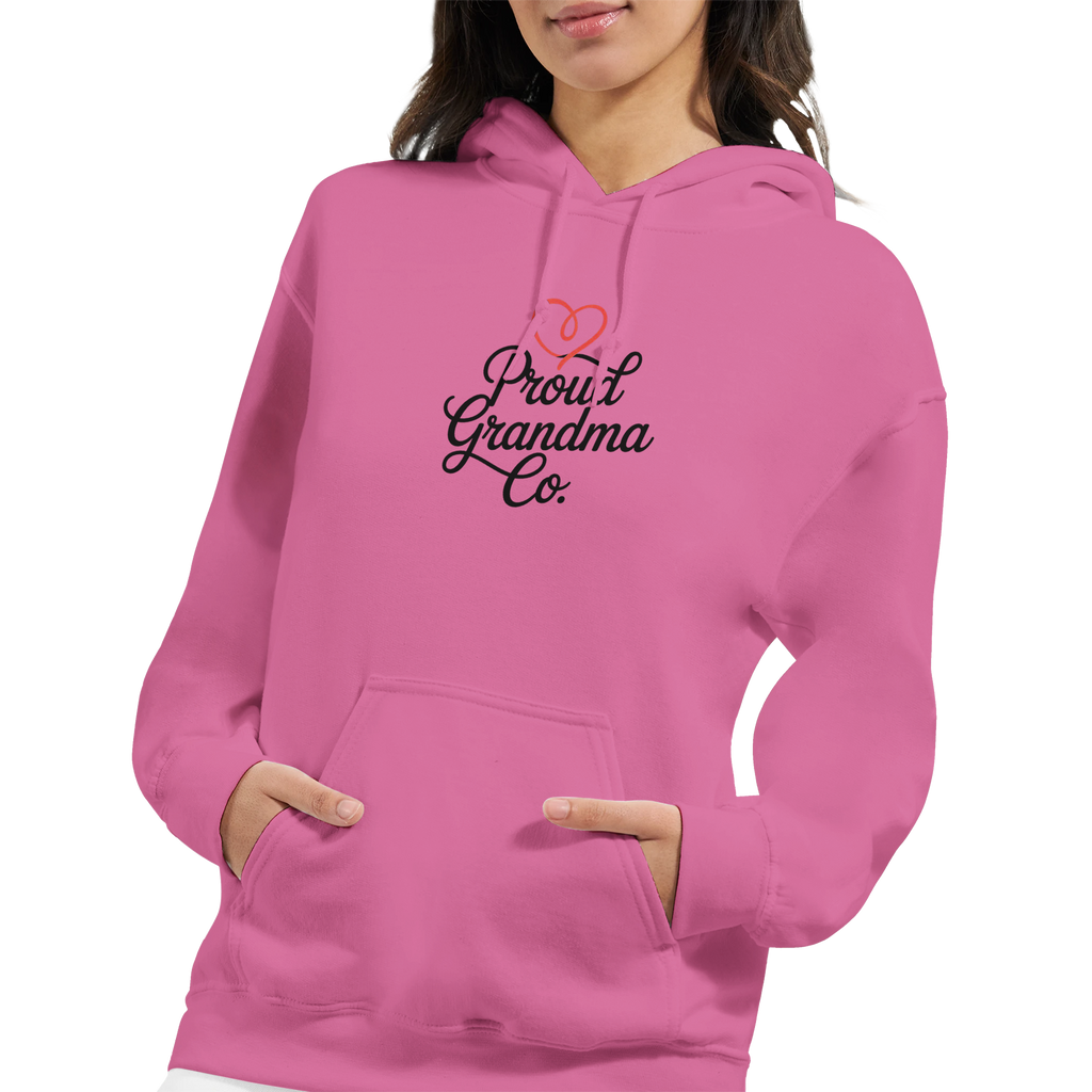 Proud Grandma Hoodie in rose pink with “Proud Grandma” text design printed on the front