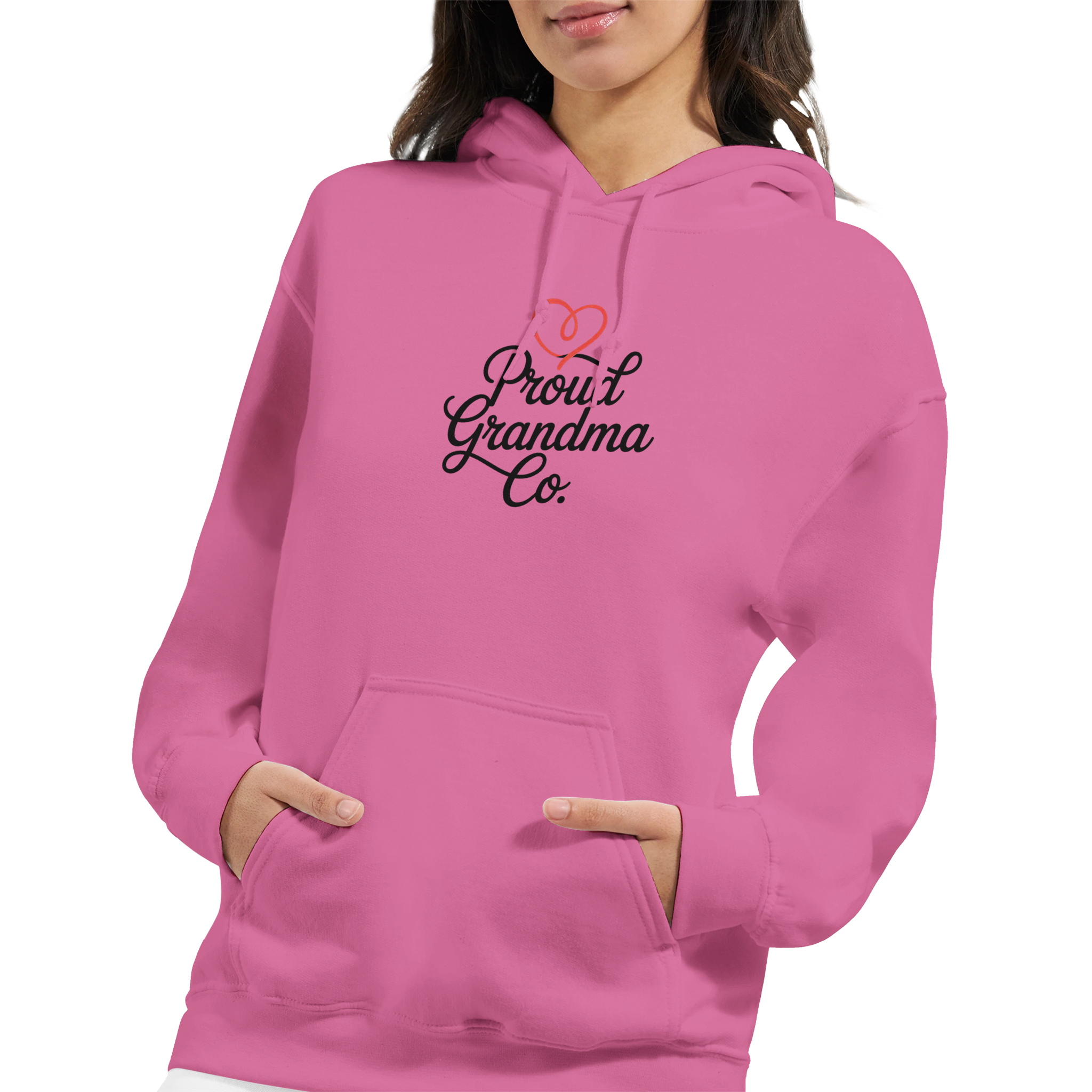 Proud Grandma Hoodie in rose pink with “Proud Grandma” text design printed on the front