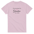 Promoted to Grandma Est. 2026 T-Shirt in blush pink with “Promoted to Grandma” text, heart icon, and “Est. 2026” design printed on the front