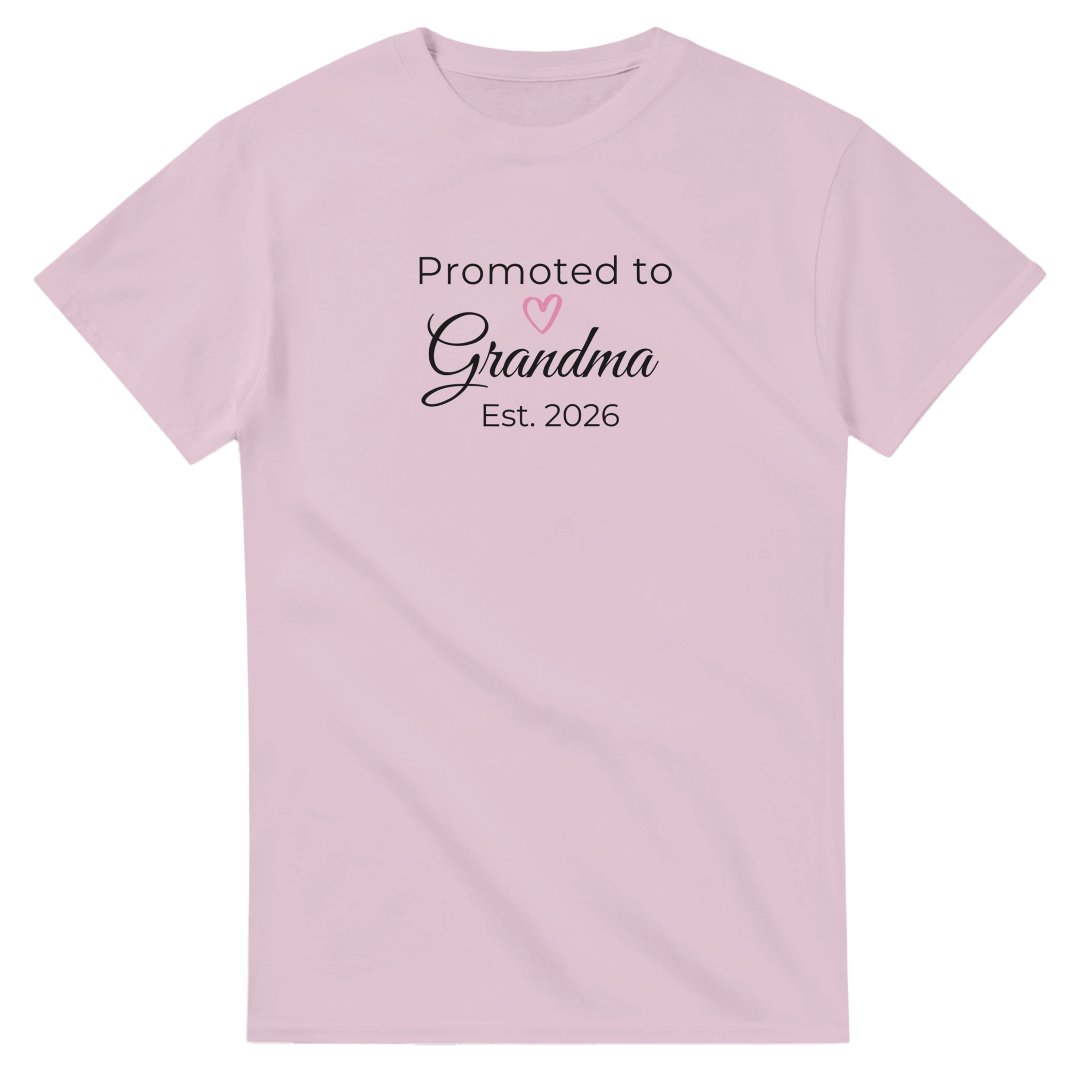 Promoted to Grandma Est. 2026 T-Shirt in blush pink with “Promoted to Grandma” text, heart icon, and “Est. 2026” design printed on the front