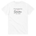 Promoted to Grandma Est. 2026 T-Shirt in soft white with white “Promoted to Grandma” script, pink heart, and “Est. 2026” text