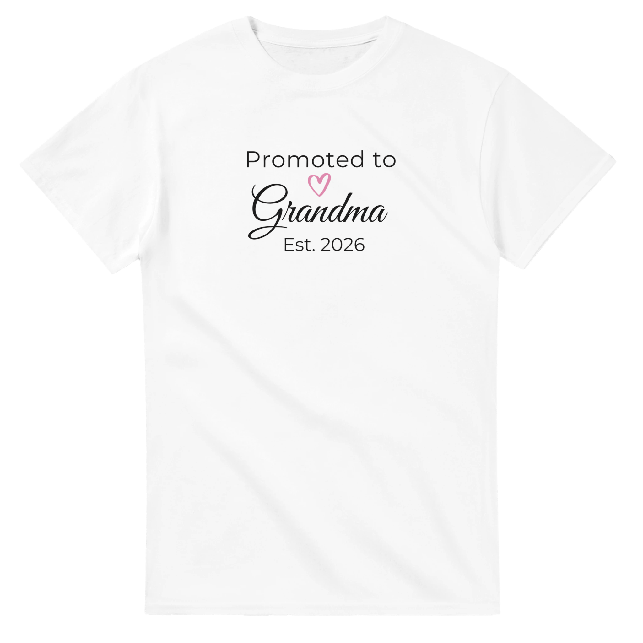 Promoted to Grandma Est. 2026 T-Shirt in soft white with white “Promoted to Grandma” script, pink heart, and “Est. 2026” text