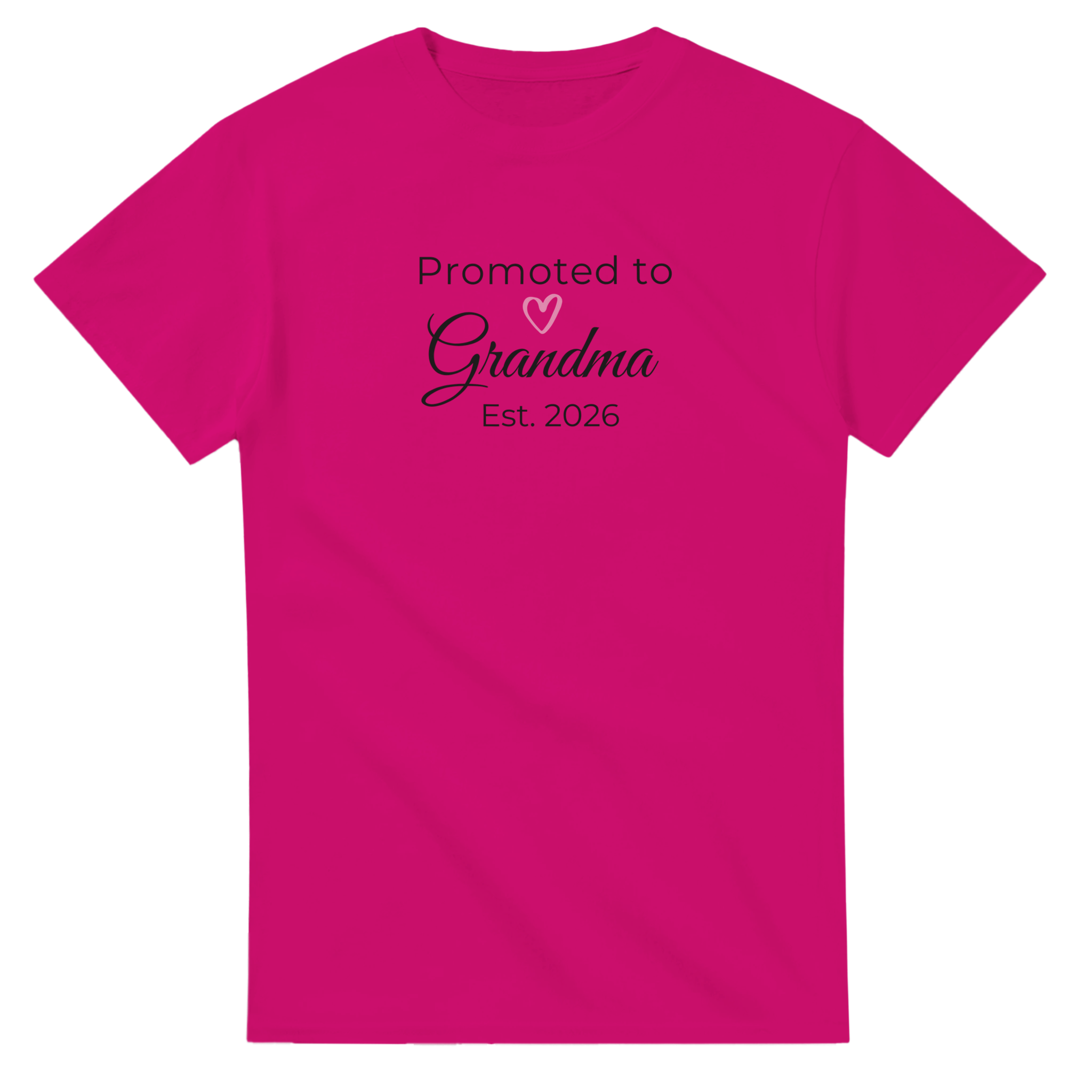 Promoted to Grandma Est. 2026 T-Shirt in rose pink with white “Promoted to Grandma” script, pink heart, and “Est. 2026” text