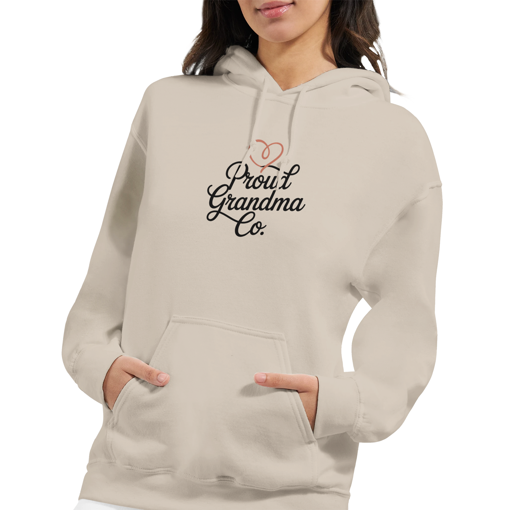 Proud Grandma Hoodie in cozy sand with “Proud Grandma” text design printed on the front