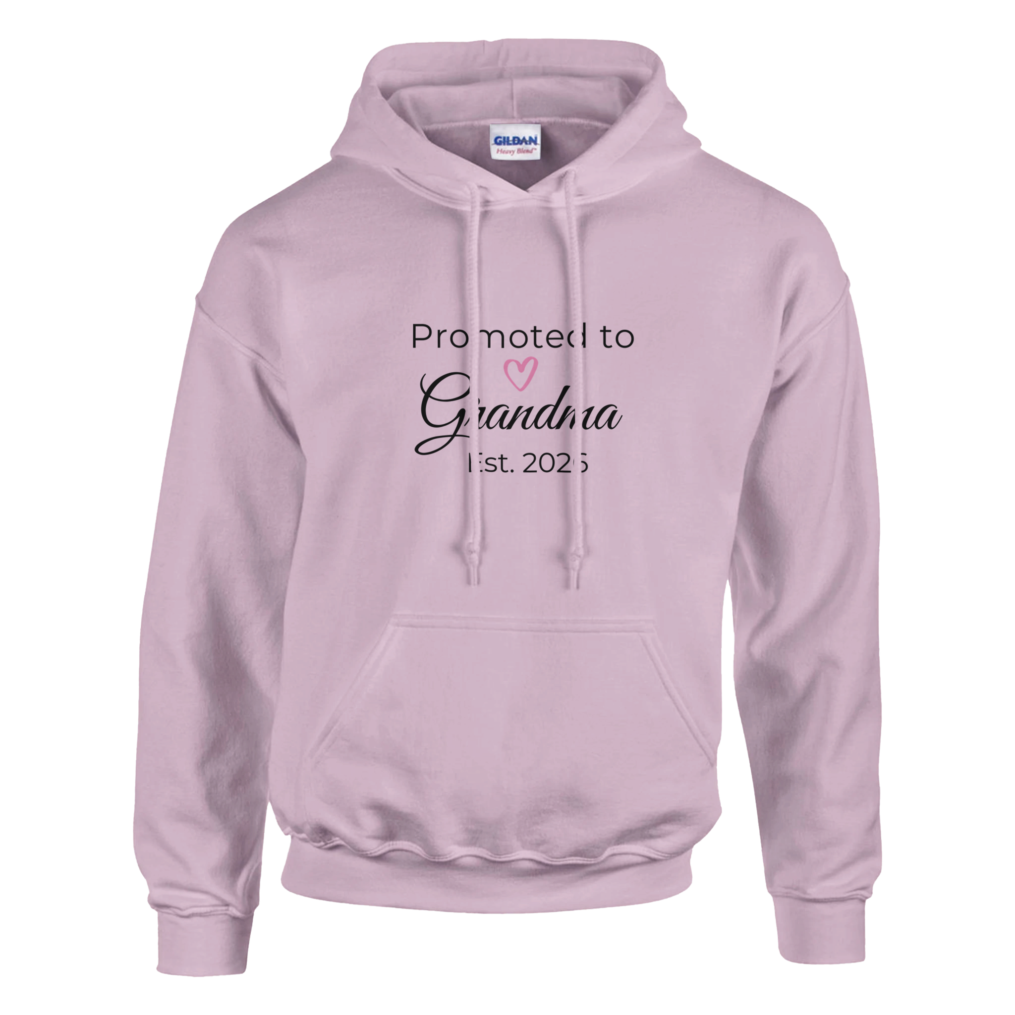 Promoted to Grandma Est. 2026 Hoodie in blush pink with “Promoted to Grandma” script, heart graphic, and “Est. 2026” text printed on the front