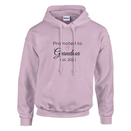 Promoted to Grandma Est. 2026 Hoodie in blush pink with “Promoted to Grandma” script, heart graphic, and “Est. 2026” text printed on the front
