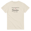 Promoted to Grandma Est. 2026 T-Shirt in cozy sand with white “Promoted to Grandma” script, pink heart, and “Est. 2026” text