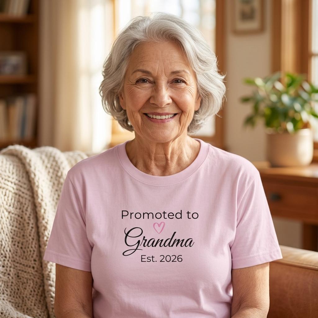 Promoted to Grandma Est. 2026 T-Shirt blush pink Bella + Canvas 3001 unisex tee shown as a product photo with the front design visible
