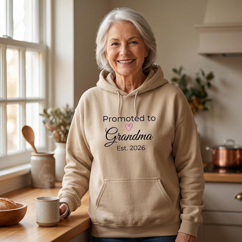 Promoted to Grandma Est. 2026 Hoodie cozy sand unisex hoodie shown as a product photo with the front design visible