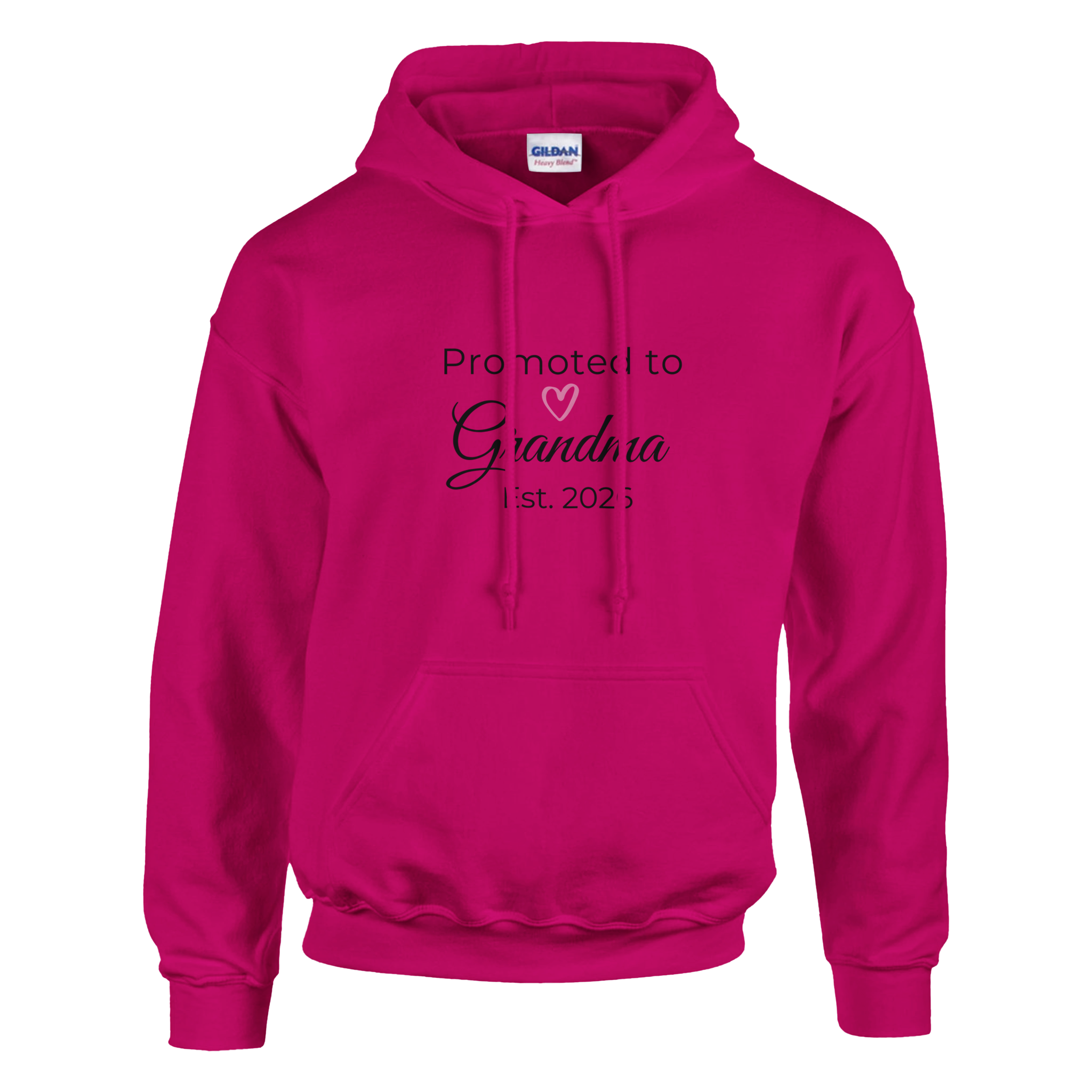Promoted to Grandma Est. 2026 Hoodie in rose pink with “Promoted to Grandma” script, heart graphic, and “Est. 2026” text printed on the front
