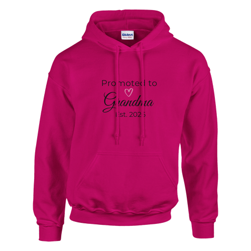 Promoted to Grandma Est. 2026 Hoodie in rose pink with “Promoted to Grandma” script, heart graphic, and “Est. 2026” text printed on the front