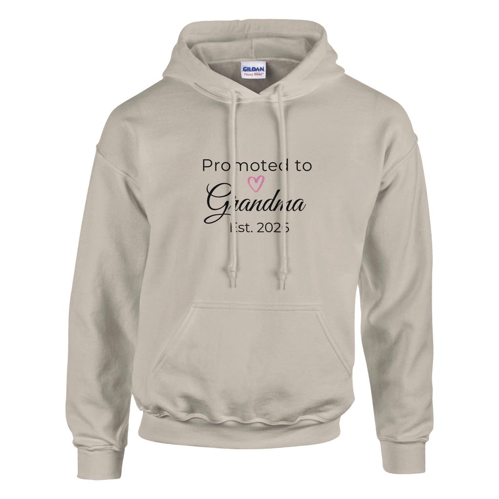 Promoted to Grandma Est. 2026 Hoodie in cozy sand with “Promoted to Grandma” script, heart graphic, and “Est. 2026” text printed on the front