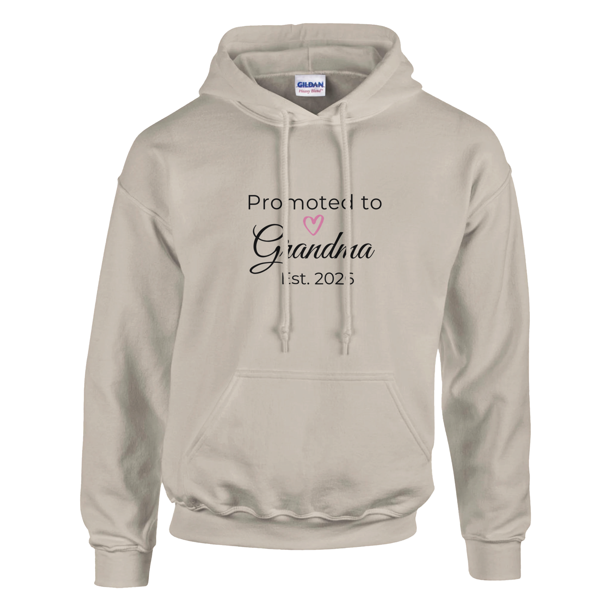 Promoted to Grandma Est. 2026 Hoodie in cozy sand with “Promoted to Grandma” script, heart graphic, and “Est. 2026” text printed on the front