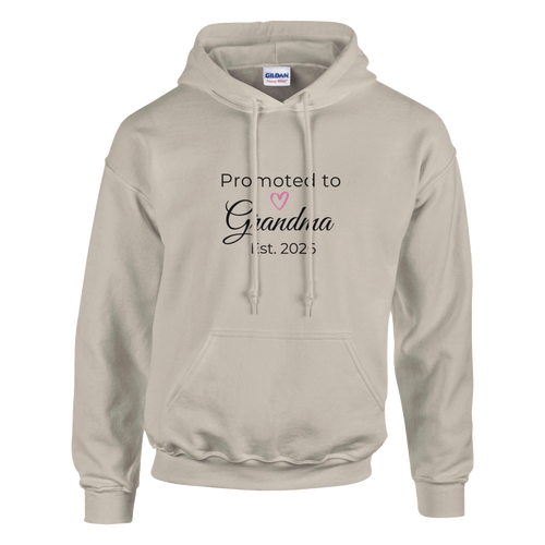 Promoted to Grandma Est. 2026 Hoodie in cozy sand with “Promoted to Grandma” script, heart graphic, and “Est. 2026” text printed on the front