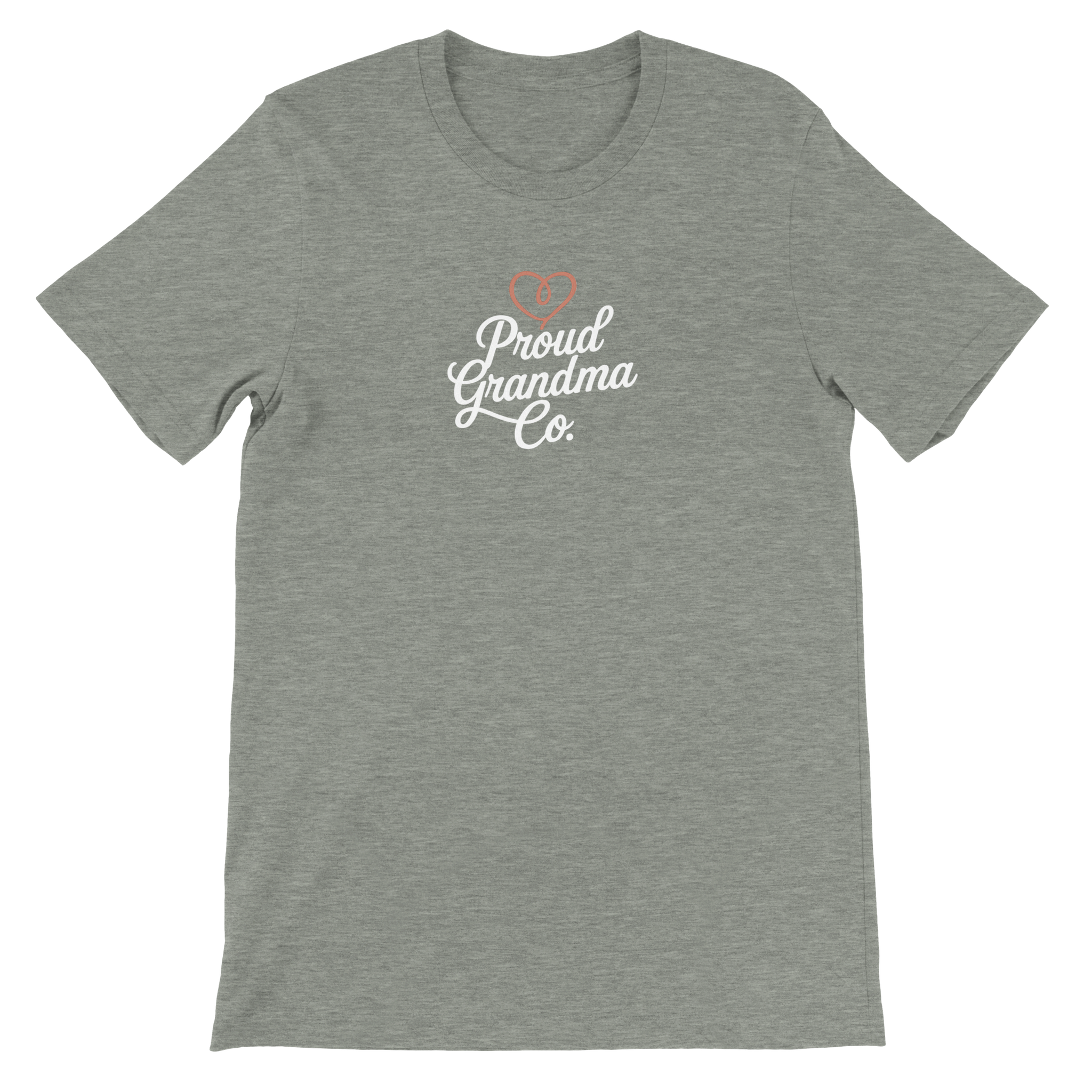 Proud Grandma T-Shirt in heather gray with “Proud Grandma” text design printed on the front