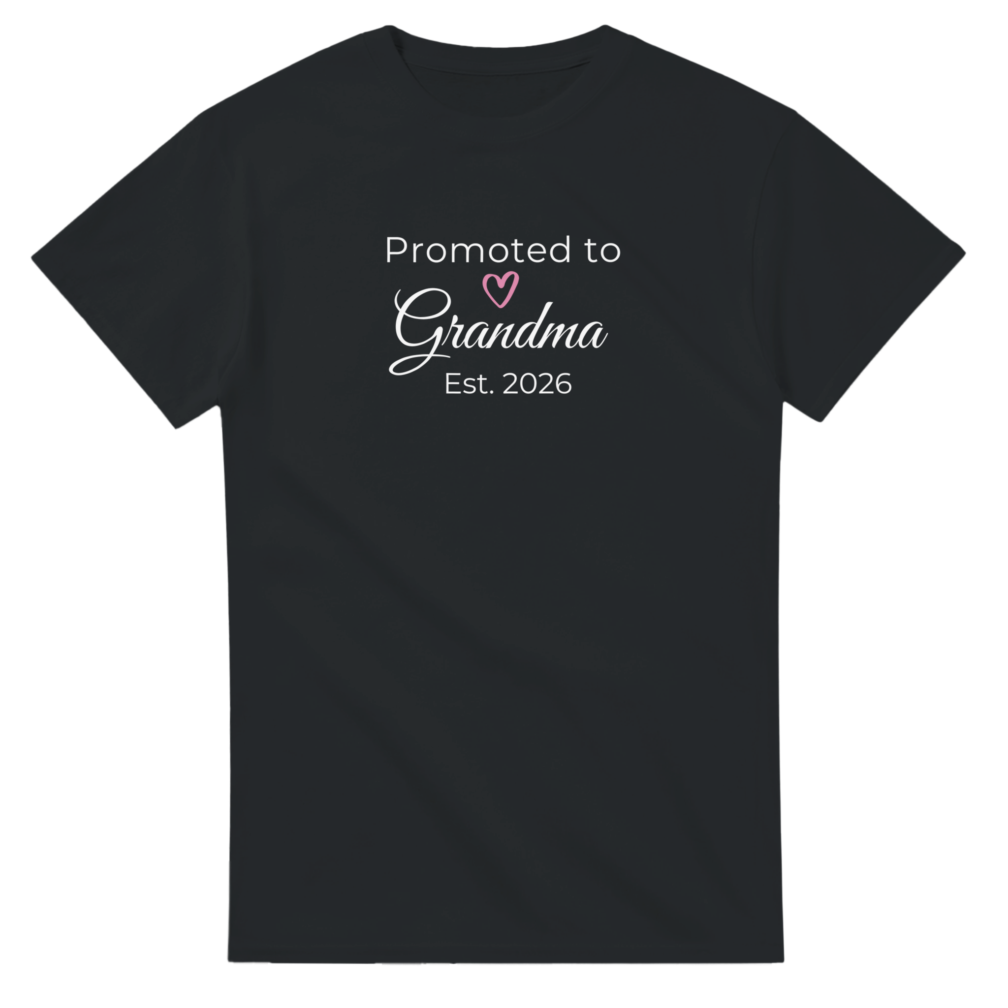 Promoted to Grandma Est. 2026 t-shirt in classic black celebrating becoming a grandma.
